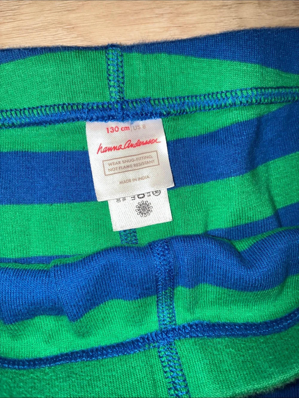 Hanna Andersson Striped Green & Blue Pajama Set with Orange Neck Trim